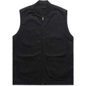 A black heavy vest with a zip front and two large pockets. It features a logo on the fabric.