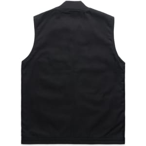 A black canvas heavy vest with a straight back design, featuring a collar and armholes. It includes a logo.