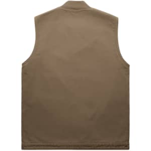 A khaki heavy vest with a simple design, featuring a collar and no sleeves. It includes a logo.