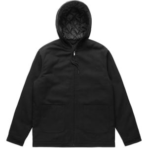 A black heavy hooded jacket featuring a quilted interior and front pockets, with a logo on it.