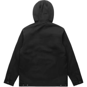 A black heavy hooded jacket featuring a plain back design and a fitted hood. It includes a branding logo.