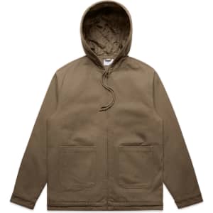 A heavy hooded jacket in khaki, featuring a hood and two front pockets, with a quilted lining inside.