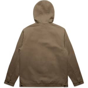 A heavy hooded jacket in a brown colour, featuring a hood and a simple design. It has a logo on it.