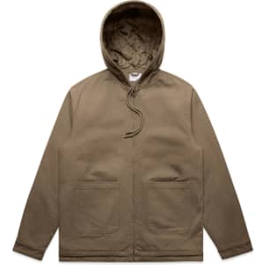 A heavy hooded jacket in a khaki colour with a quilted inner lining and front pockets. It features a logo on the chest.