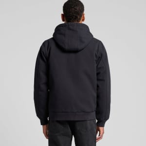 A black canvas bomber hood jacket featuring a hood and a simple design, with a logo on the back.