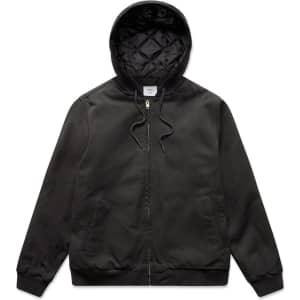 A black bomber hood jacket with a quilted hood and zip closure, featuring side pockets and a branded label.