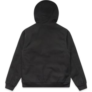 A black canvas bomber hood jacket with a minimalist design and a hood. Features a logo on one side.