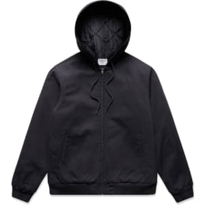 A black hooded bomber jacket with a quilted lining and ribbed cuffs, featuring side pockets and a front zipper.