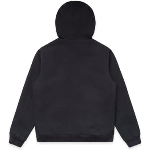 A black bomber hood jacket with a plain back and a hood. It includes a logo.