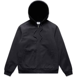 A black Canvas Bomber Hood Jacket featuring a hood and side pockets, with a front zip closure.