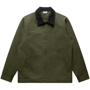 A green canvas cord collar jacket with a black collar, featuring a zip pocket. It has a simple, unbranded design.