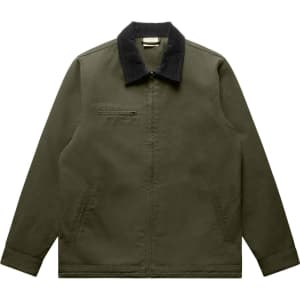 A green canvas jacket featuring a black collar and a logo. It has a zip pocket on the front and side pockets.