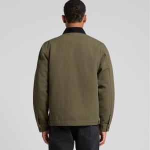 A green canvas cord collar jacket with a black collar, viewed from the back. It features a logo.