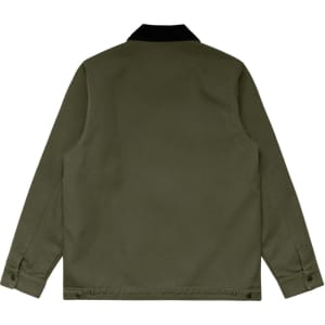 A Canvas Cord Collar Jacket in olive green with a corduroy collar and button cuffs. It has a plain back design.