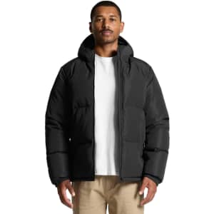 A black hooded puffer jacket is displayed on a model, featuring a zip front and elasticised cuffs. It has a logo.