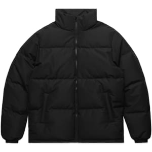 A black puffer jacket with a high collar and zip closure, featuring two side pockets.