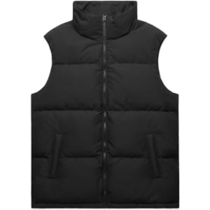 A black puffer vest with a high collar and two side pockets, featuring a front zipper and no sleeves.