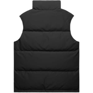 A black puffer vest with a high collar and no sleeves, featuring a logo on the back.