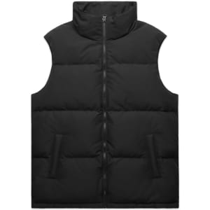 A black puffer vest with a high collar and two front pockets, featuring a zip closure and a logo.