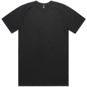 A black t-shirt with a crew neck and short sleeves, featuring a logo on the inside label.