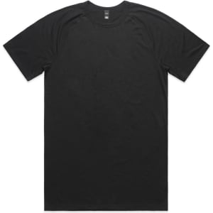 A black active blend t-shirt with a crew neck and short sleeves. The shirt features a logo.