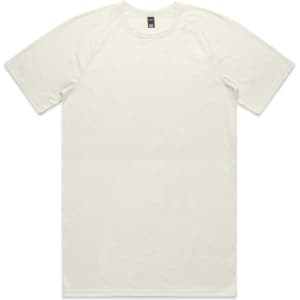 A plain white T-shirt with short sleeves, featuring a logo on the neckline.