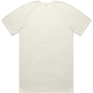 A plain white t-shirt with a rounded neckline and raglan sleeves, featuring a logo on the back.