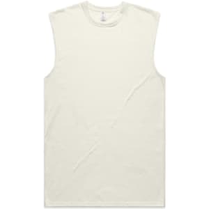 A light cream sleeveless tank top with a round neckline and a plain design, featuring a logo.