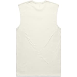 A sleeveless tank top in a light cream colour with a simple design and a logo.