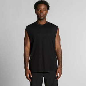 A black sleeveless tank top with a relaxed fit, featuring a logo on the chest.