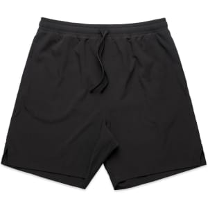 Black sports shorts with an elastic waistband and drawstring, featuring a logo on one side.