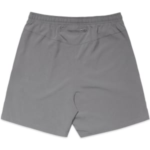 A pair of grey sports shorts with an elastic waistband and a small pocket at the back.