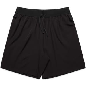 Black sports shorts featuring an elastic waistband and a drawstring, with a side pocket and a logo.