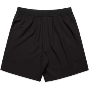 Black sports shorts with an elastic waistband and a simple design, featuring a logo.