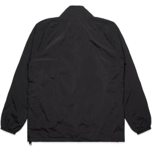 A black jacket with elastic cuffs and a collar, featuring a logo on the back.
