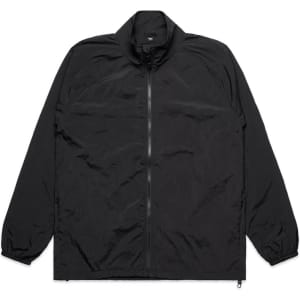 A black active jacket with a zippered front and elasticised cuffs, featuring a logo on the chest.