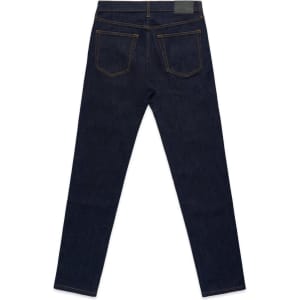 Skinny dark blue jeans with back pockets and a waistband label, featuring contrasting stitching.