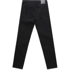 Black jeans with a slim fit, featuring five pockets and a back patch. The design includes a logo on the waistband.