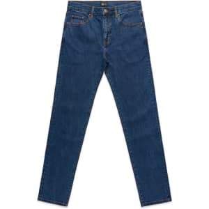 A pair of blue denim jeans with a straight leg design, featuring pockets and a logo.