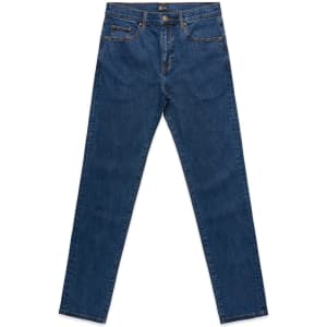 A pair of blue jeans with a classic cut, featuring five pockets and a branding label on the waistband.