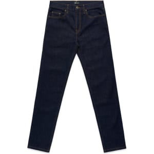 Dark blue jeans with a slim fit design, featuring pockets and a logo on the waistband.