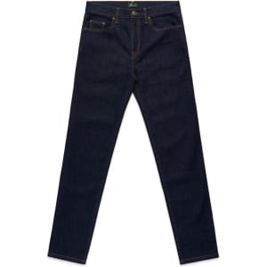 Dark denim jeans featuring a classic five-pocket design and a branded logo on the waistband.