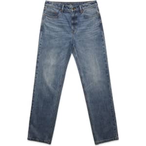 Straight jeans in light blue denim with a classic five-pocket design, featuring a logo on the waistband.