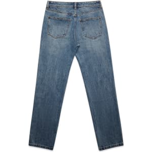 A pair of straight jeans in a light blue wash, viewed from the back, featuring standard pockets and a logo.