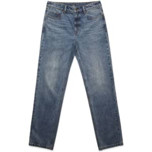 Straight jeans in a faded blue denim with a classic five-pocket design and a logo on the waistband.