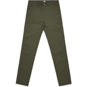 Olive green slacks with a straight leg design, featuring pockets and branding on the waistband.