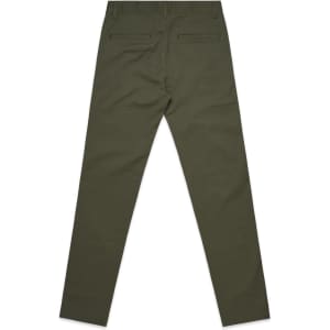 A pair of olive green slacks with a smooth texture and back pockets, featuring a logo on the waistband.