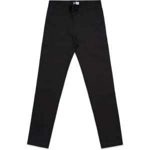Black slacks with a fitted design, featuring a waistband and a logo. Suitable for casual or smart attire.