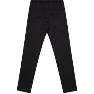 Black slacks with a slim fit, featuring back pockets and a waistband. Includes a logo on the back.