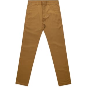 A pair of tan standard pants displayed flat. The pants feature a button closure and pockets, with a logo present.